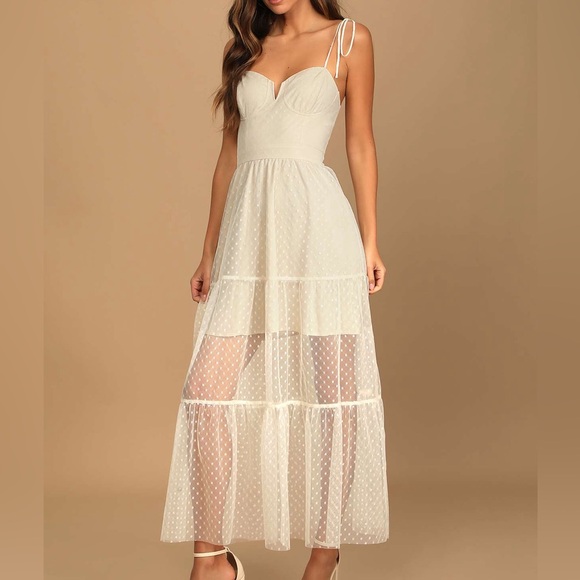 Lulus Romantic Spot Cream Polka Dot Mesh Tiered Midi Dress - Picture 2 of 11